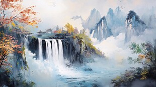 山水画中的瀑布和秋树