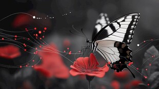 红色花海中的黑白蝴蝶