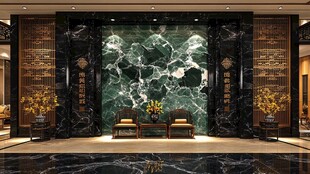 豪华大厅 绿色大理石背景 中国风家具 精致装饰