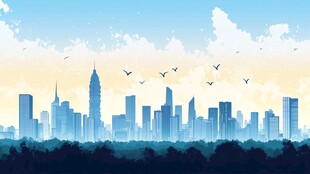 城市天际线与飞鸟的剪影