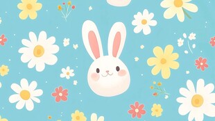 蓝色背景上的可爱兔子和花朵