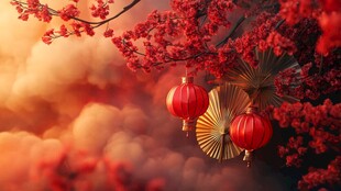 春日红意浓 灯笼映晚霞