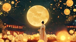 满月映照下的古风女子