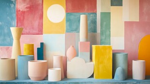 彩色几何陶瓷艺术品与抽象画背景