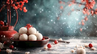 冬日美食 汤圆映衬红梅盛开