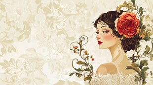 复古风格的女性与花卉插画