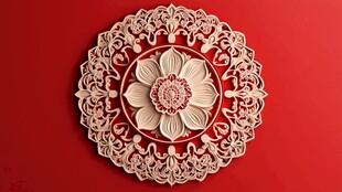 红色背景上的米白色花纹装饰