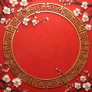 红色背景上的金色圆形框架和白色花朵