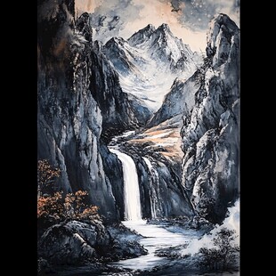 山水画中的瀑布与秋树