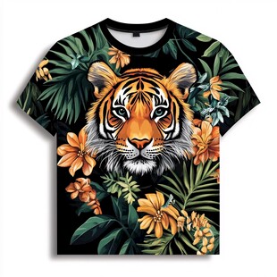 老虎与热带花卉的3D打印T恤