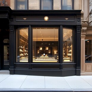 优雅的店面 黑色的外观和大玻璃窗