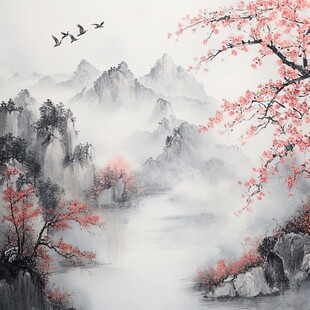 山水画中的桃花与雾里看山
