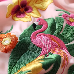 绚丽火烈鸟与热带花卉刺绣艺术