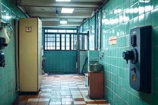 走廊的绿色瓷砖和黄色柜子