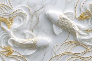 金鳞白鲤 流动的波浪和花卉图案