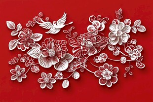 红色背景上的白色剪纸艺术