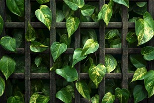 绿色植物与木质格栅的自然融合