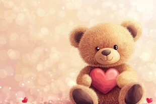 可爱泰迪熊与红心 背景是柔和的粉色光斑