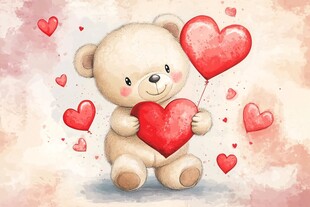 可爱的小熊抱着红色的心形气球