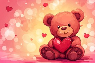 粉色背景下的可爱泰迪熊与红色爱心