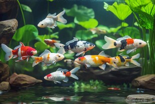 色彩斑斓的金鱼在水草中游弋