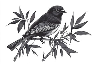 黑白木刻鸟儿栖息在竹枝上