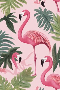 火烈鸟与热带叶子