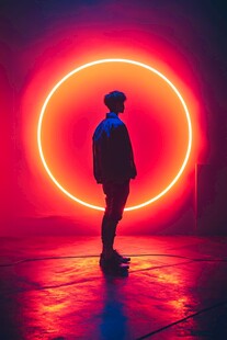 红色圆形光影中的男子