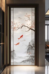 桃花金鱼图案玻璃门