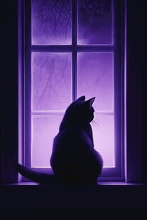 紫色窗前的猫