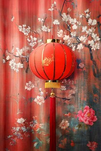 红色灯笼与花卉壁画