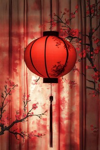 红色灯笼与梅花图案窗帘