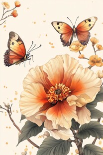 橙色蝴蝶与花朵的艺术插画