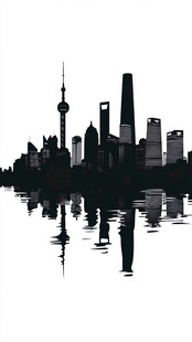 黑白都市天际线倒影