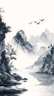 山水画中的飞鸟与静谧湖泊