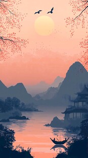 山水画中的日落