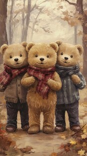 秋日森林中的泰迪熊三人组