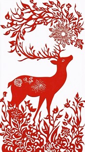红色剪纸艺术鹿与花卉