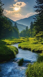 森林溪流的日落