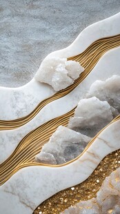 金色线条与白色晶体的抽象互动