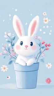 蓝色花盆中的白色兔子