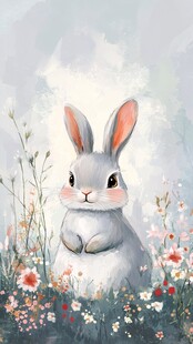 灰色兔子与花朵的梦幻世界