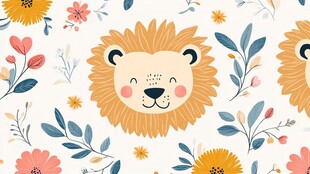 可爱卡通狮子与花卉图案