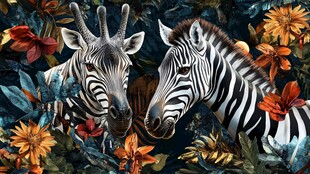 斑马与热带花卉的艺术融合