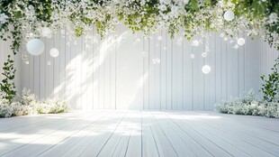 白色花卉与木地板的室内空间