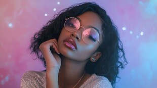 时尚眼镜女郎 粉紫色背景 闪烁光斑