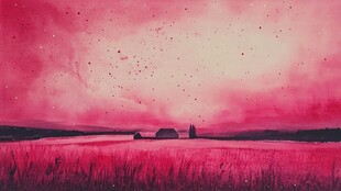 红色天空下的乡村风景