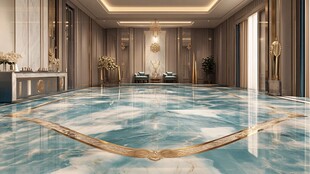 豪华大厅 天蓝色大理石地板 金色装饰