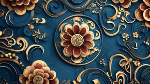 蓝金花卉浮雕艺术