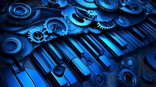 蓝色钢琴键与齿轮的奇妙融合